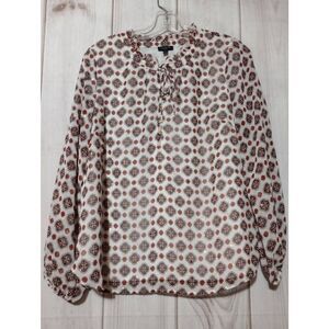 Talbots Shirt Ladies Medium Petite White Brown Sheer Sleeves Chiffon Light Weigh